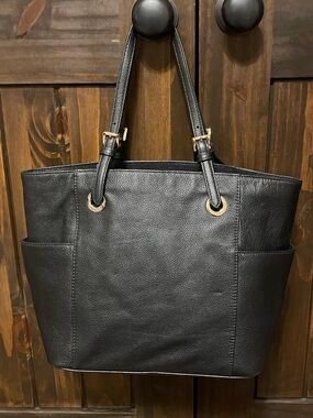 Michael Kors Black Leather Tote with Gold Hardware